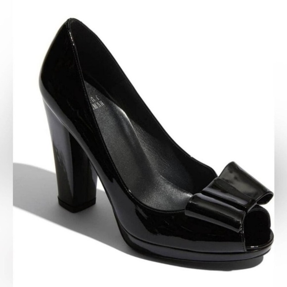 STUART WEITZMAN Black Patent Leather Peep Toe Bow Accent Block Heel‎ Pumps 9 N - Picture 1 of 12